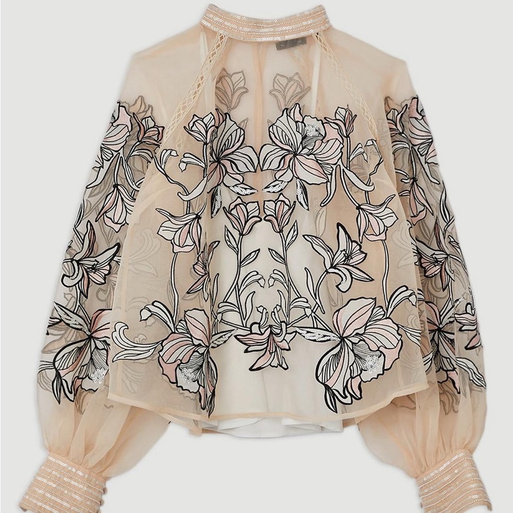 Karen Millen Floral Embroidery Organdie Woven Blouse